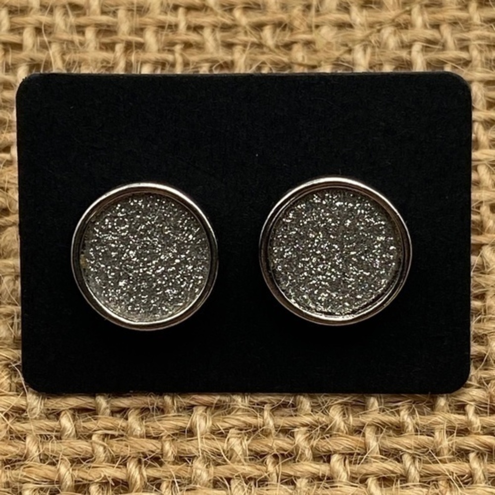 Glitter Circle Post Earrings Silver Color Metal